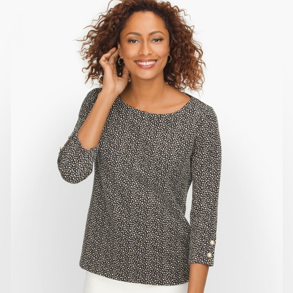 Business Professional Pearl Button Cuff Top Confetti Squares BLACK • Talbots